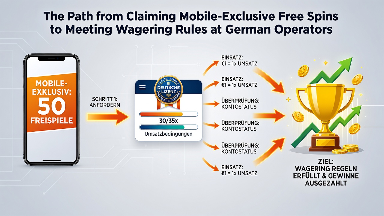 Illustration der Schritte zur Erfüllung von Wettanforderungen nach mobilen Freispins