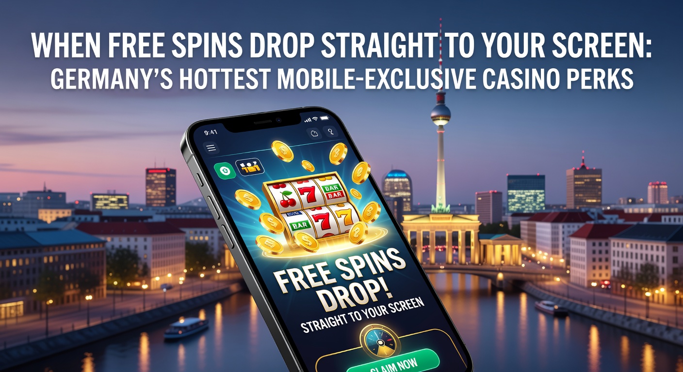 Smartphone mit farbenfrohen Free-Spins-Pop-ups auf einem Casino-App-Bildschirm, umgeben von deutschen Flaggen und Slot-Maschinen-Symbolen